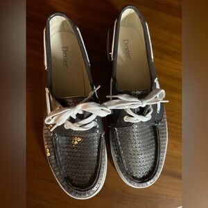 DEXTER Womens Gray Sequin Canvas White Shoelace Wrap Around Boat Shoes Size 9